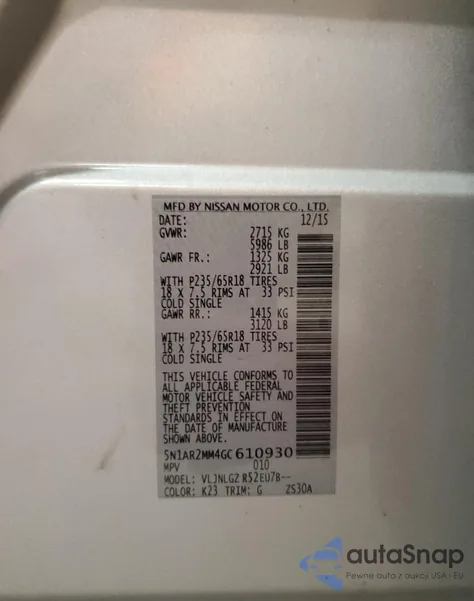 2016 Nissan Pathfinder S z USA, uszkodzony, nr VIN 5N1AR2MM4GC610930